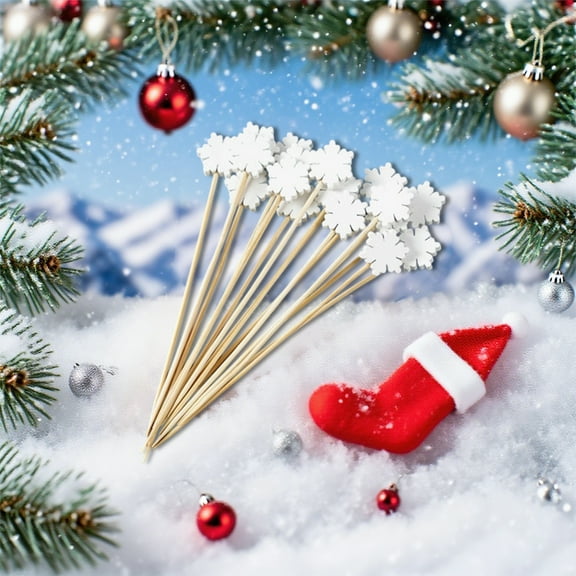 Christmas Cocktail Picks, 100pcs Bamboo Fancy Skewers Toothpicks, White Christmas Tree Snowflake Bamboos Sticks, Christmas Disposable Fruit Picks, for Fruit Sandwich BBQ, Party Supplies