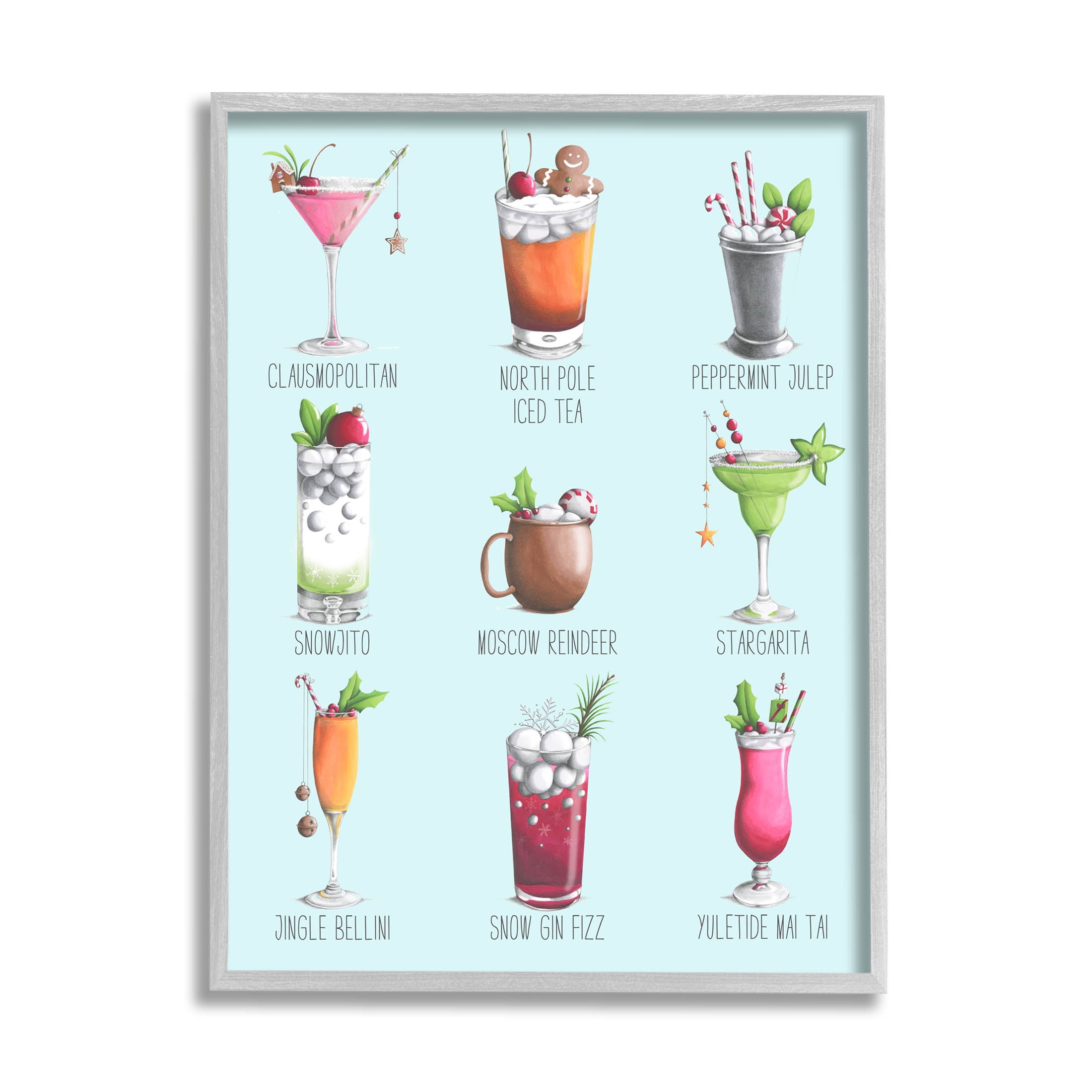 Christmas Cocktails Seasonal Menu Holiday Graphic Art Gray Framed Art Print Wall Art