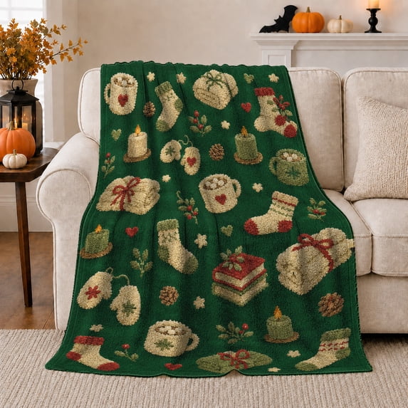 Christmas Cocoa Mugs with Stockings Candles Mittens and Pinecones, Cozy Holiday Style for Cocoa Lovers, Warm Flannel Blanket for Family Room and Guest Room, Christmas Gift, Home Decor