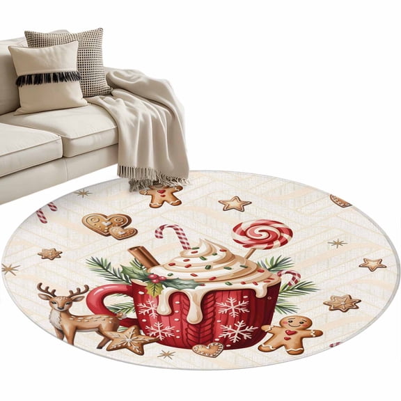 Christmas Coffee Area Rug, Vintage Xmas Deer Ginger Cookies Candy Holly Beige Plaid Washable Large Circle Carpet, Non Slip Round Rug for Living Room/Bedroom/Dining Room/Home Office/Dorm