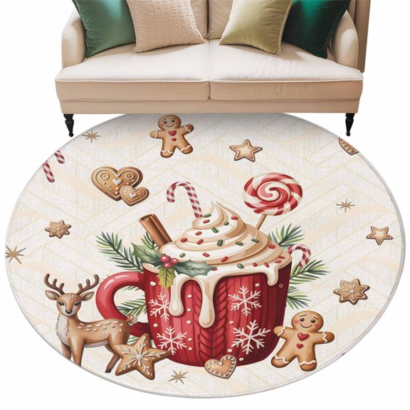 Christmas Coffee Area Rug, Vintage Xmas Deer Ginger Cookies Candy Holly Beige Plaid Washable Large Circle Carpet, Non Slip Round Rug for Living Room/Bedroom/Dining Room/Home Office/Dorm