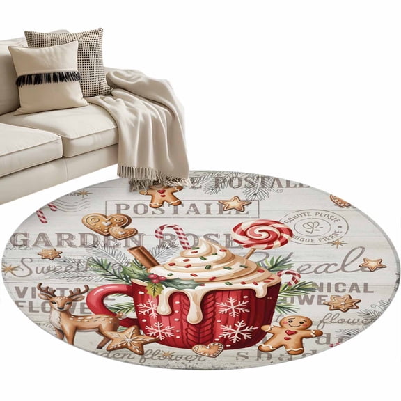 Christmas Coffee Area Rug, Vintage Xmas Deer Ginger Cookies Candy Holly Grey Wood Grain Washable Large Circle Carpet, Non Slip Round Rug for Living Room/Bedroom/Dining Room/Home Office/Dorm