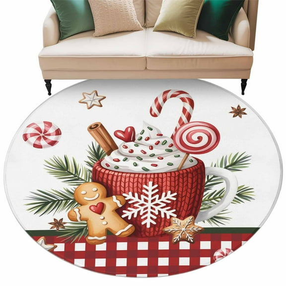 Christmas Coffee Area Rug, Xmas Gingerbread Man Holly Candy Snowflakes Red Plaid Washable Large Circle Carpet, Non Slip Round Rug for Living Room/Bedroom/Dining Room/Home Office/Dorm