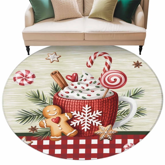 Christmas Coffee Area Rug, Xmas Gingerbread Man Holly Snowflakes Green Stripes Red Plaid Washable Large Circle Carpet, Non Slip Round Rug for Living Room/Bedroom/Dining Room/Home Office/Dorm