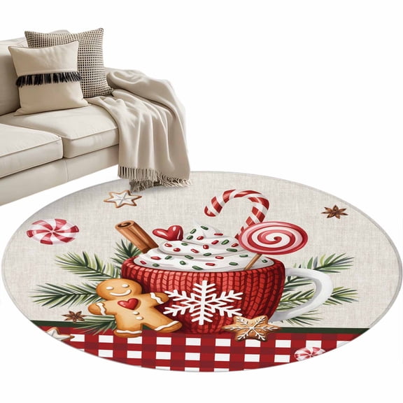 Christmas Coffee Area Rug, Xmas Gingerbread Man Holly Snowflakes Linen Texture Red Plaid Washable Large Circle Carpet, Non Slip Round Rug for Living Room/Bedroom/Dining Room/Home Office/Dorm
