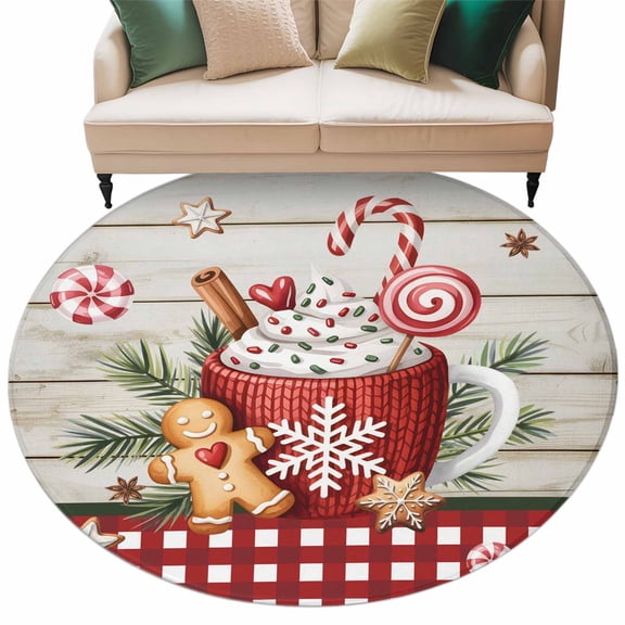 Christmas Coffee Area Rug, Xmas Gingerbread Man Holly Snowflakes Wood Grain Red Plaid Washable Large Circle Carpet, Non Slip Round Rug for Living Room/Bedroom/Dining Room/Home Office/Dorm