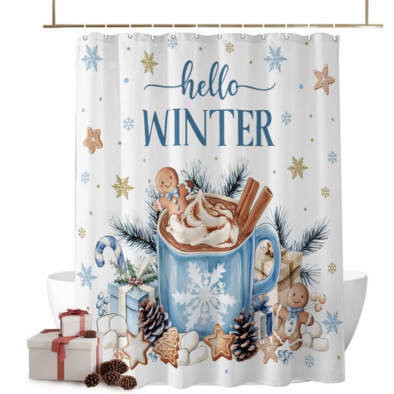 Christmas Coffee Bathroom Shower Curtain Xmas Gingerbread Man Biscuits Candy Winter Snowflakes Waterproof Washable Shower Curtains for Bathtub Bath Decor with Grommets and Hook 36 X 72 Inch