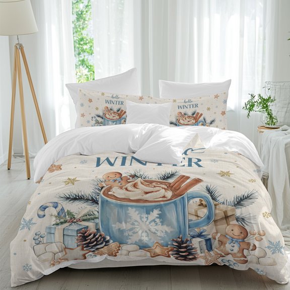 Christmas Coffee Comforter Set Twin Size, Xmas Gingerbread Man Biscuits Winter Snowflakes Linen Texture Soft Bedding Set for Man Woman, 4 Pieces Duvet Cover Set with Fitted Sheet, 2 Pillowcases