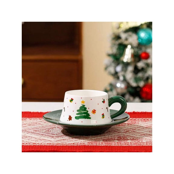 Christmas Coffee Cup and Saucer Set, 10 oz Ceramic Holiday Tea Mug, Aesthetic Ins-Style Milk Cup for Home and Office, Decorative Xmas Gift for Women, New Year and Holiday Decor