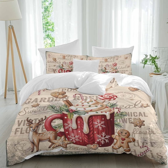 Christmas Coffee Duvet Cover Set Queen Size, Vintage Xmas Deer Ginger Cookies Candy Holly Beige 4 Piece Bedding Set with Zipper Closure & Corner Ties Soft Breathable Comforter Cover for Bedroom