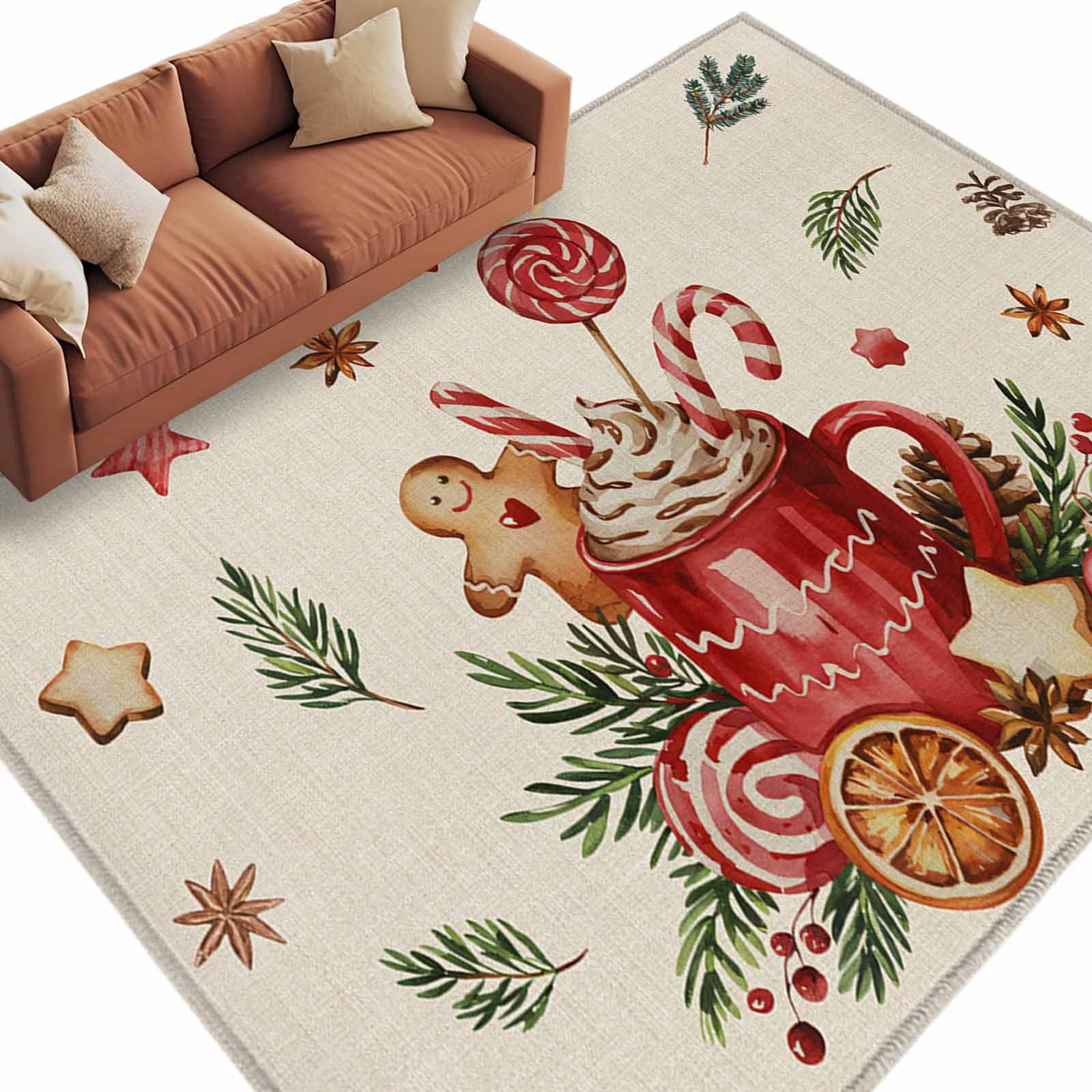 Christmas Coffee Gingerbread Man Area Rug 5x7ft Candy Pine Branch ...