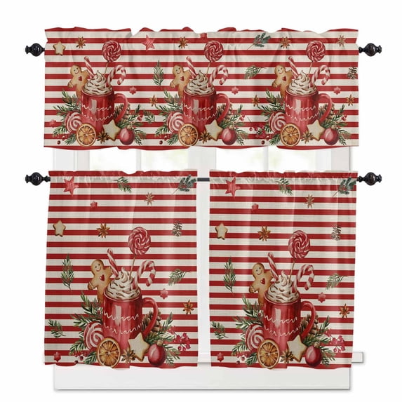 Christmas Coffee Gingerbread Man Kitchen Curtains and Valances Set, Candy Pine Branch Red Striped Retro Rod Pocket Window Valance Window Curtain Panels for Living Room Bedroom, 27.5x24in, 3 Pieces