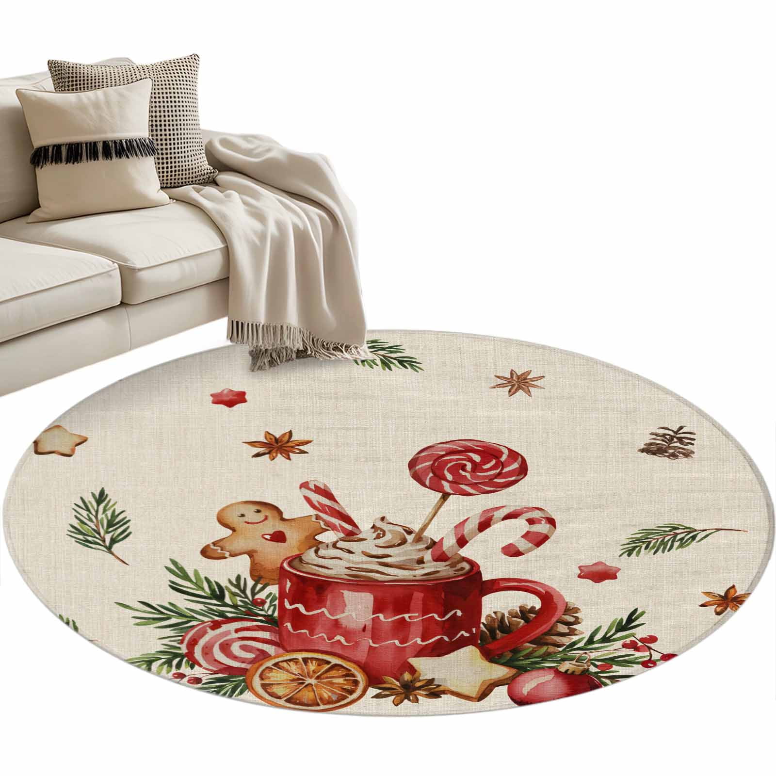 Christmas Coffee Gingerbread Man Round Area Rug 3ft Candy Pine Branch ...
