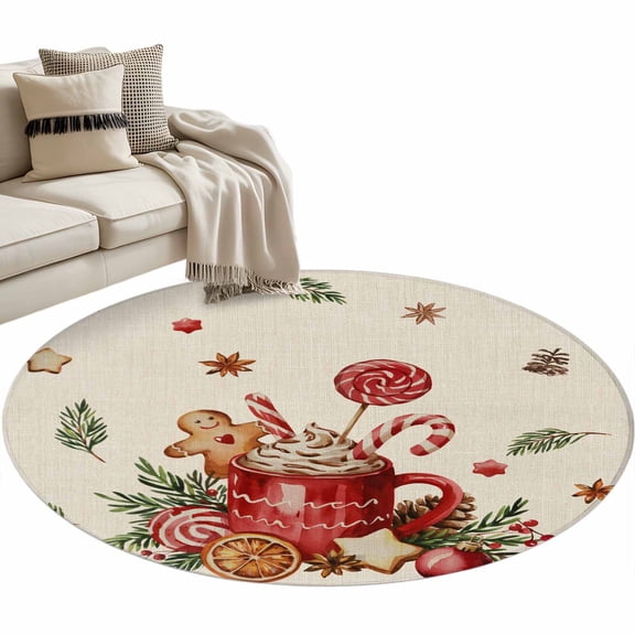 Christmas Coffee Gingerbread Man Round Area Rug 3ft Candy Pine Branch Vintage Non-Slip Washable Circle Rugs Soft Felt Indoor Floor Mat for Bedroom Kitchen Living Room Bathroom
