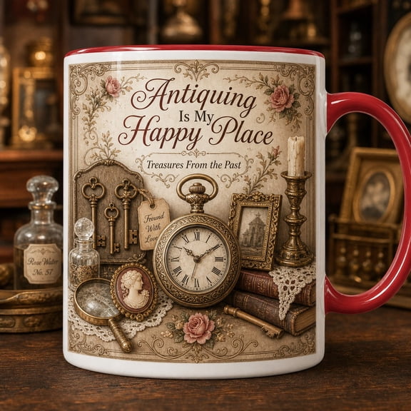 Christmas Coffee Mug Antiquing Happy Place for Coffee and Tea, Gift for Antique Lovers