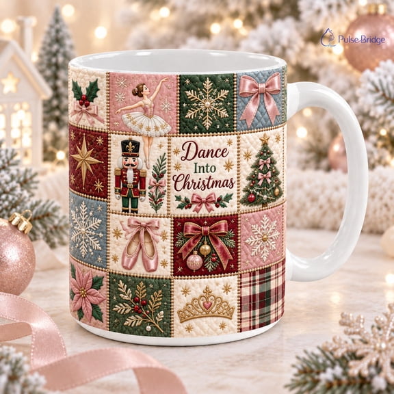 Christmas Coffee Mug Ballerina Nutcracker Patchwork Design for Holiday Drinks and Dance Lovers