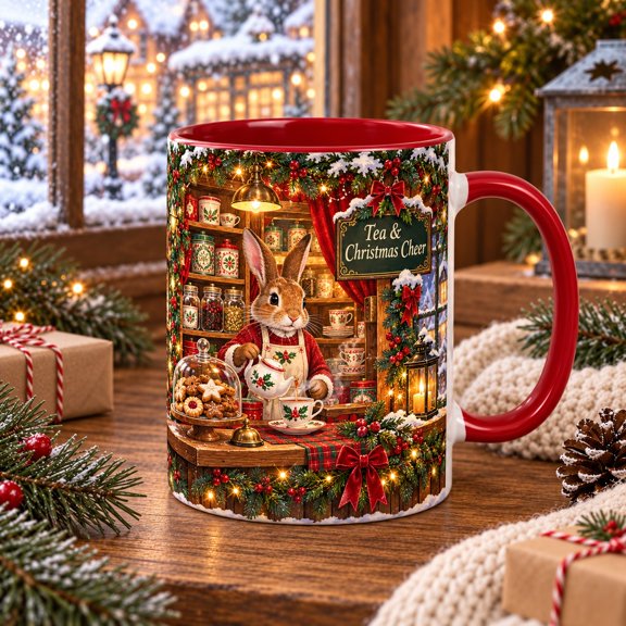 Christmas Coffee Mug Bunny Tea Shopkeeper for Holiday Drinks, Herbal Beverage Lover Gift