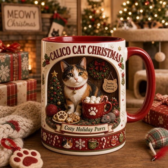 Christmas Coffee Mug Calico Cat Holiday Cozy Hot Drink Cup for Cat Lovers