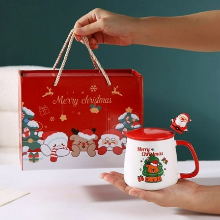 Christmas Coffee Mug Ceramic Mug Set, Santa & Reindeer Christmas Novelty Dishwasher-Safe Novelty Mug with Lid & Spoon with Gift Box Cute Holiday Present for Women Christmas Gift