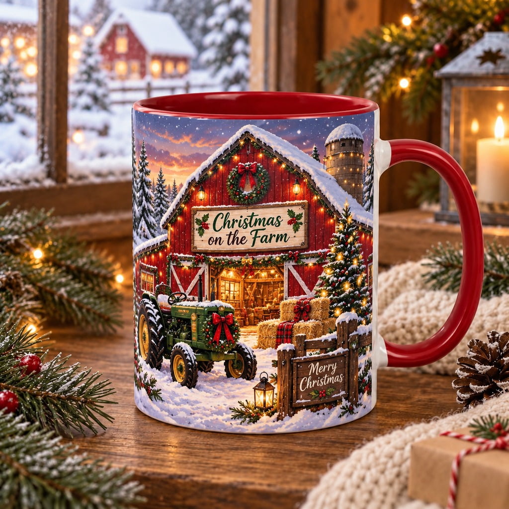 Barn Secene Christmas Coffee Mug, Farm Barn Tractor Scene for Morning Drinks ...