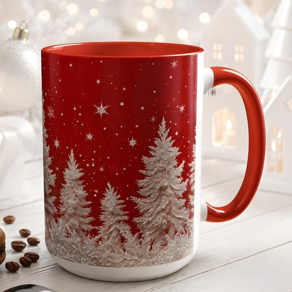 Christmas Coffee Mug  Festive Red Winter Wonderland Design with White Pine Trees and Snowflakes  Ceramic Hot Cocoa Cup for Holiday Home Decor, Kitchenware, and Seasonal Gift