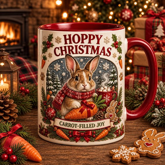 Christmas Coffee Mug Hoppy Rabbit Carrot Design for Holiday Drinks, Gift for Bunny Lovers