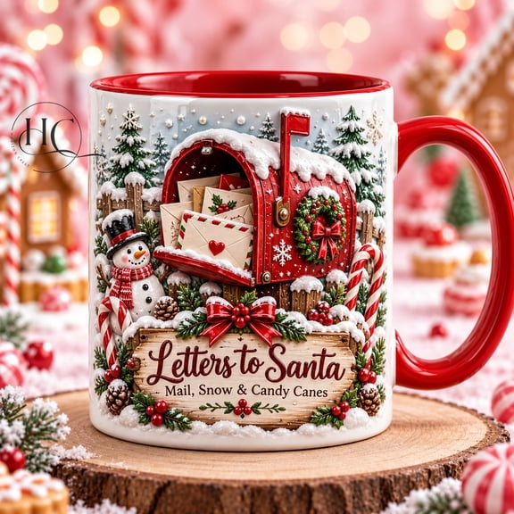 Christmas Coffee Mug, Letters to Santa Mailbox Candy Cane Snow Design for Holiday Drinks
