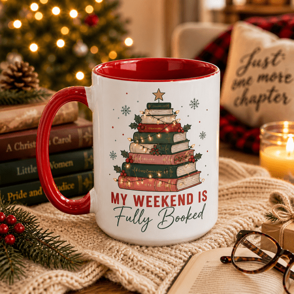 Christmas Coffee Mug My Weekend Is Fully Booked Book Stack for Cozy Reading Nook Book Lovers