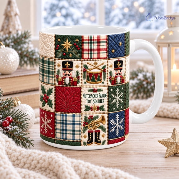 Christmas Coffee Mug, Nutcracker Soldier Patchwork for Holiday Sipping, Host Gift