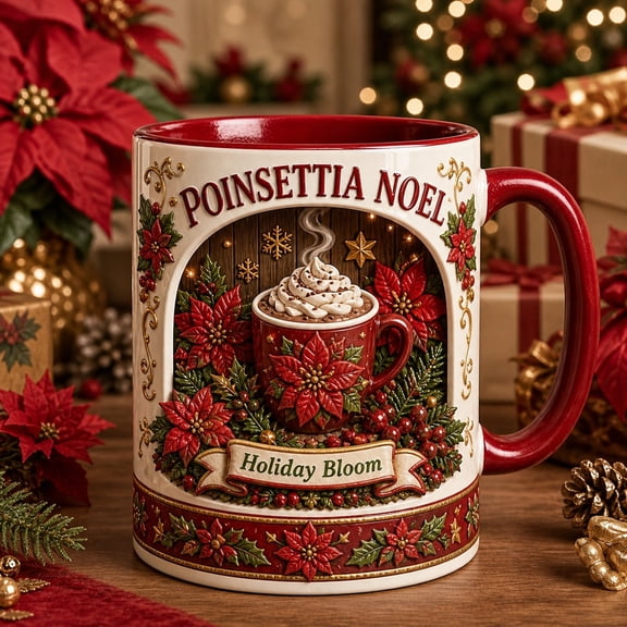 Christmas Coffee Mug Poinsettia Noel Ceramic Hot Cocoa Cup for Holiday Sipping and Christmas Gift Giving