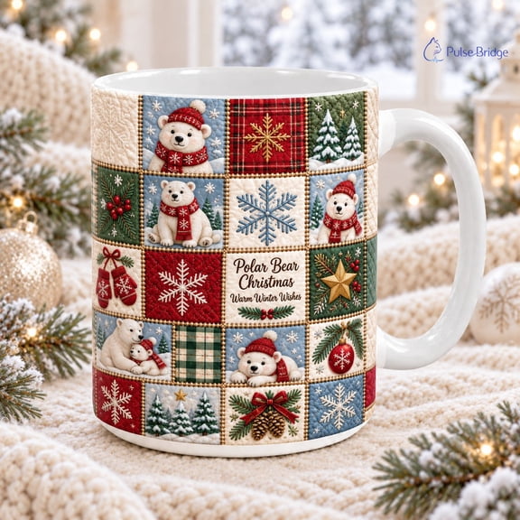 Christmas Coffee Mug Polar Bear Patchwork Winter Drinkware Gift