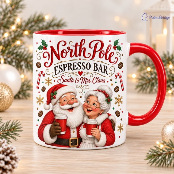 Christmas Coffee Mug Santa and Mrs Claus North Pole Espresso Bar Gift for Java Lovers