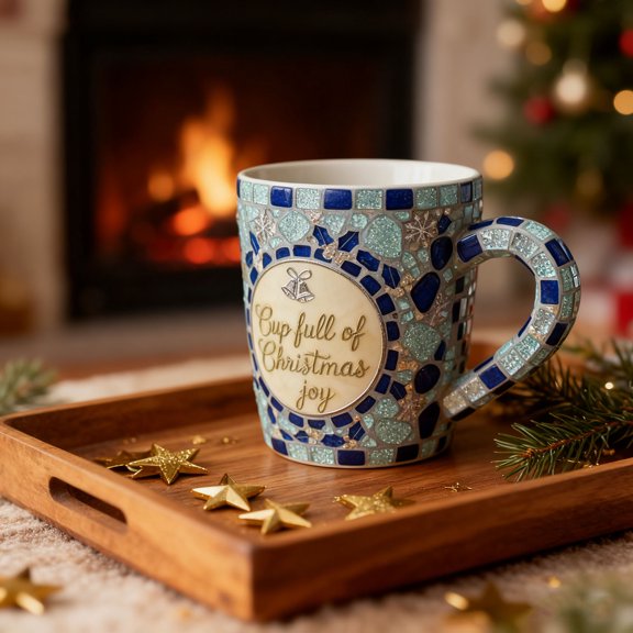 Christmas Coffee Mug, Seaglass Style Ceramic Cup With Holiday Mosaic Pattern And Cup Full Of Christmas Joy Text For Hot Drinks Gift Giving And Winter Home Decor