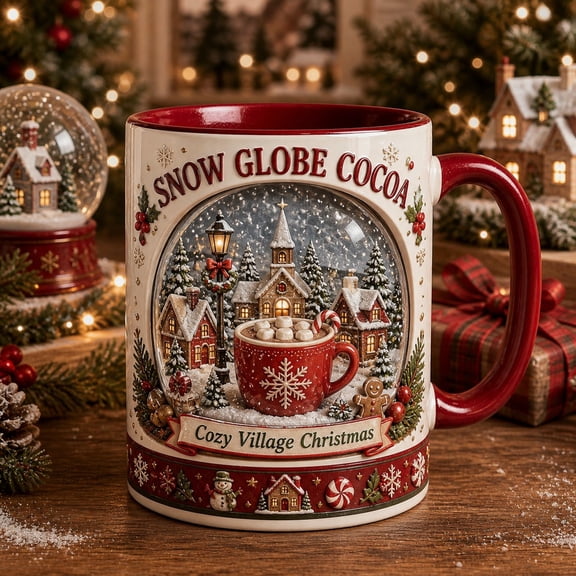 Christmas Coffee Mug Snow Globe Village Ceramic Hot Cocoa Cup Holiday Gift