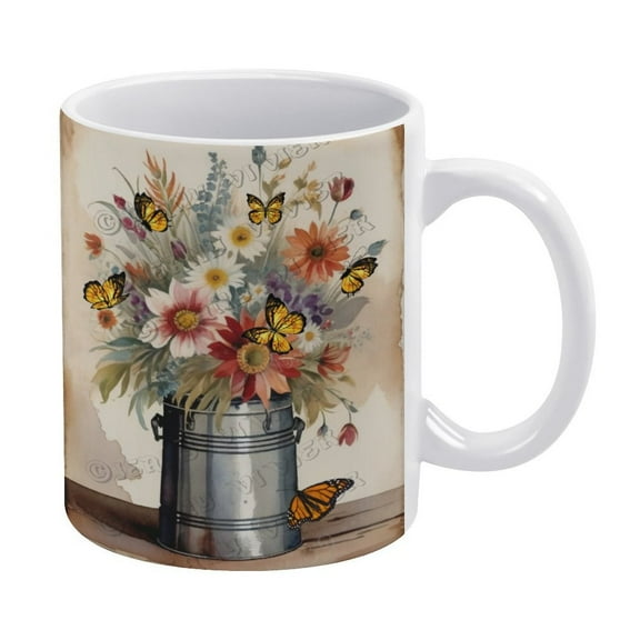 Christmas Coffee Mug - Tin Bucket With Wild Flower Mug - 330 ml / 11 oz White Ceramic Cup - Tea Cup for Xmas Party