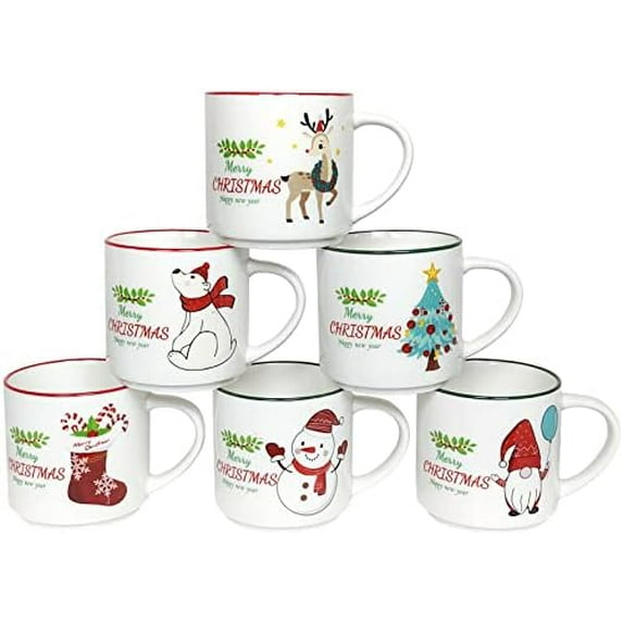Christmas Coffee Mugs Set of 6, 14oz Hot Chocolate Mugs, Cocoa Ceramic Mug, Perfect for Holiday Gifts