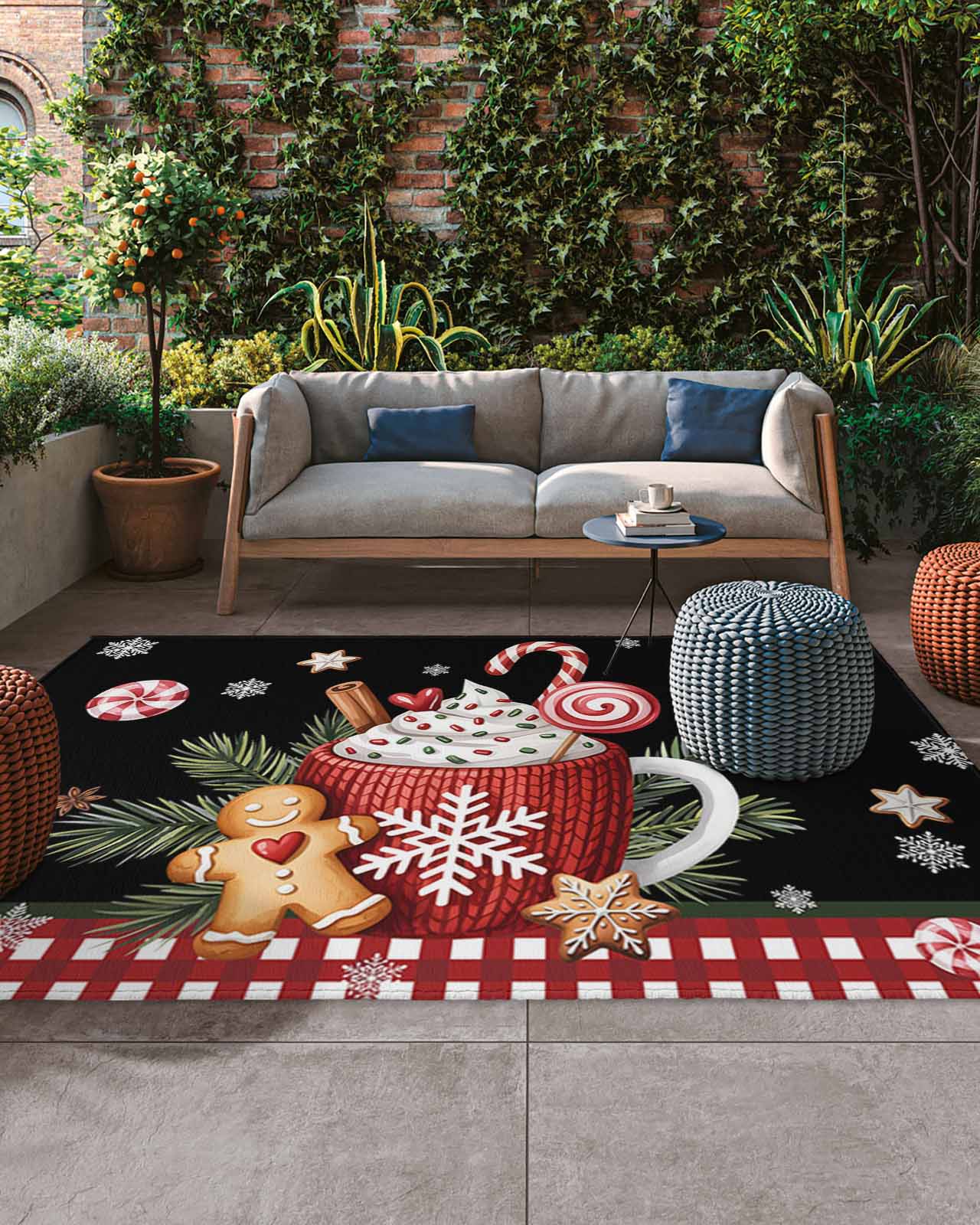 Red Plaid Rug 4x6 Christmas Coffee Outdoor Rug, Xmas Gingerbread Man Holly Winter ...