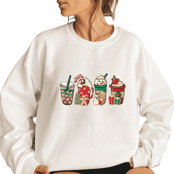 Christmas Coffee Print Tops Worker Winter Christmas Snowman Sweatshirts Latte Coffee Lover Shirts Long Sleeve Casual Pullover for Holiday White,M