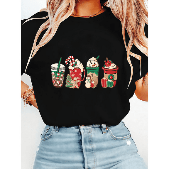 Christmas Coffee Print Tshirts Worker Winter Christmas Snowman Graphic Tees Latte Coffee Lover Shirts Short Sleeve Casual Tops for Holiday Black,4XL