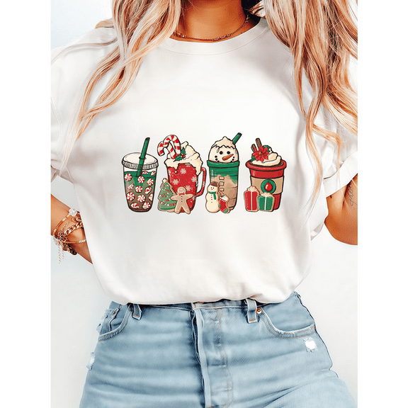Christmas Coffee Print Tshirts Worker Winter Christmas Snowman Graphic Tees Latte Coffee Lover Shirts Short Sleeve Casual Tops for Holiday White,4XL