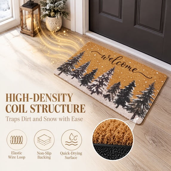 Christmas Coir Doormat Outdoor Welcome Mat, Snowy Forest Winter Design, 24x16 Inch, Heavy Duty Non-Slip Dirt Trapper for Entryway, Front Door, Porch Decor