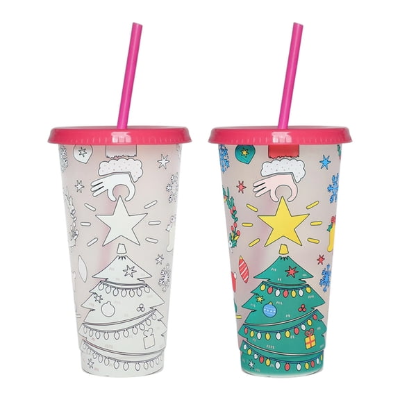 Christmas Cold-Color-Changing Cup with Lids and Straws, 24 Oz New Year Christmas Cups, Holiday Gift Party Cups for Kids, Plastic Reusable Cups for Water Iced Coffee Or Tea
