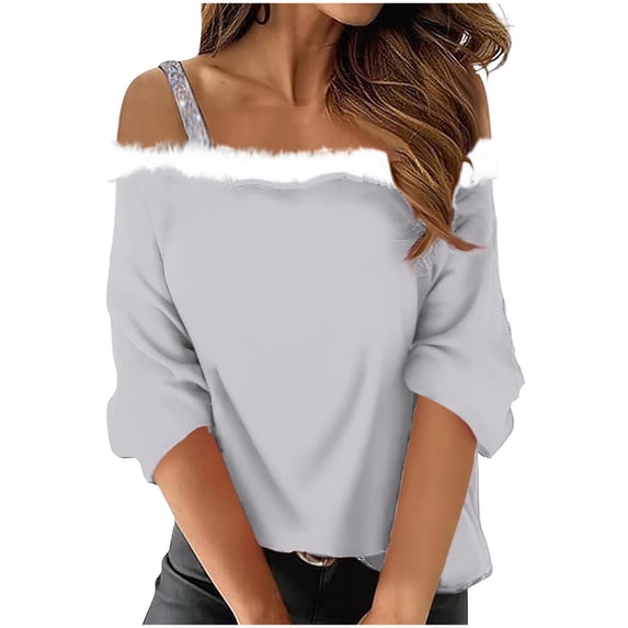 Christmas Cold Shoulder Tops - Womens Santa Velvet 3/4 Sleeve Off The Shoulder Fur Trim Sweater Tops Fall Clothes