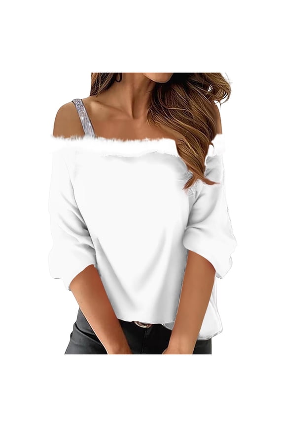 Christmas Cold Shoulder Tops - Womens Santa Velvet 3/4 Sleeve Off The Shoulder Fur Trim Sweater Tops Fall Clothes