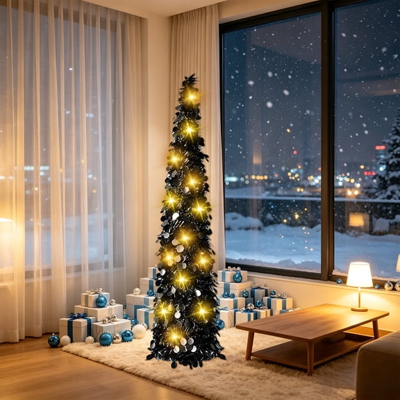 Christmas Collapsible Sequin Artificial Tree, Pop-Up Pencil Tinsel Tree, Pre-Lit Metal Stand Accent, Holiday Celebration Apartment Decor, Tree For Small Space Corner Apartment Porch
