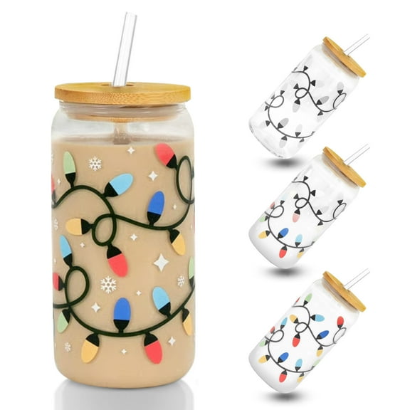 Christmas Color Changing Glass Cup, Cute Glass Cups with Lids and Straws, Iced Coffee Cup with Color Changing, 18oz Glass Coffee Cups Drinking Glasses Reusable Travel Coffee Mug