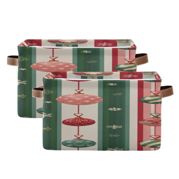 Christmas Color Stripes with Bulb Light Square Storage Bins with Handles Collapsible Containing Box 2 Packs