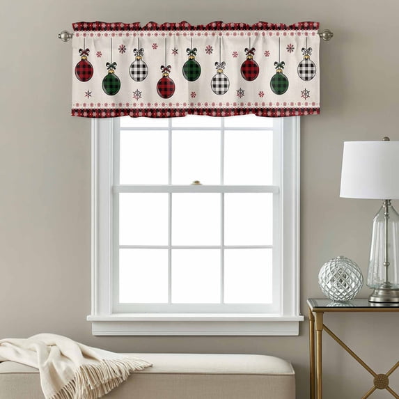 Christmas Color Window Valance for Kitchen, Lantern Red and Black Plaid Burlap Texture Rod Pocket Short Curtain for Small Windows, Light Filtering Decorative Valance, 60 x 18 Inch, 1 Panel