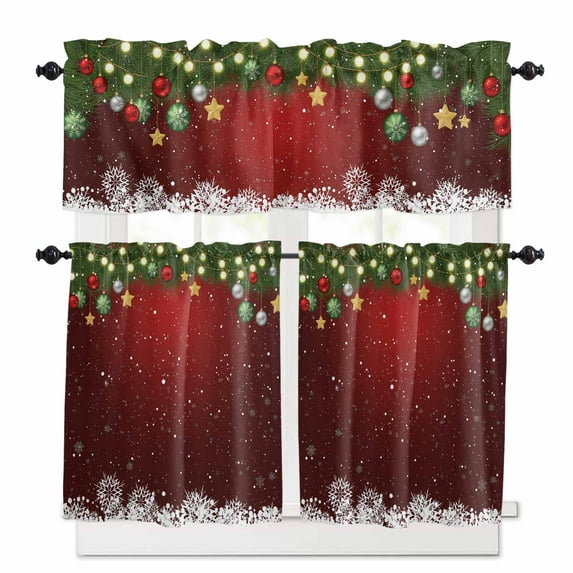 Christmas Colored Ball Kitchen Curtains and Valances Set, Snow Snowflake Pine Branch Red Rod Pocket Window Valance 18 Inch Window Curtain Panels for Living Room Bedroom Laundry, 27.5x36in, 3 Pieces