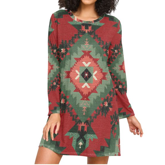 Christmas Colored Irregular Flower Pattern Women's Long Sleeves Nightgowns Sleepwear Soft Pajama A-line Sleep Dress XXXL